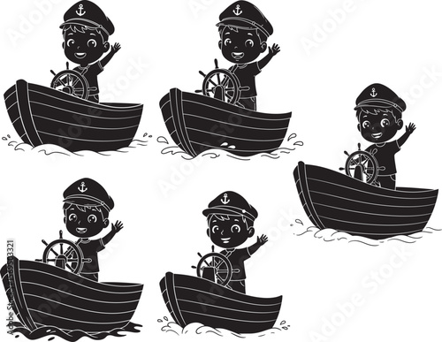 Cartoon Boy Driving Boat Fun Character silhouette