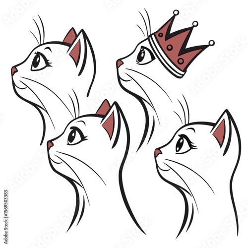 Funny vector cartoon illustration of cute domestic cats and dogs, a happy pet animal character drawing