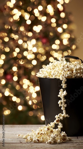Popcorn spilling from a black bucket, with a blurred Christmas tree background.