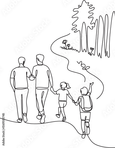 Continuous Line Art Depicting a Family's Outdoor Excursion in Nature with Parents and Children Walking Along a Path