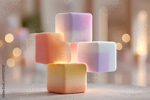 Soft pastel gradient cubes in mid - air with bokeh lights for interior design inspiration