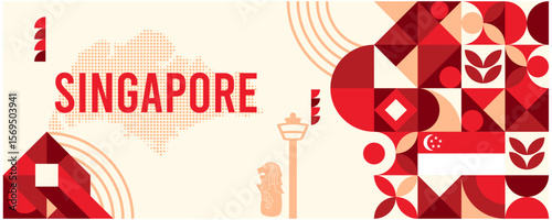 Colorful Geometric Singapore Banner with Cultural Symbols and Flag Elements