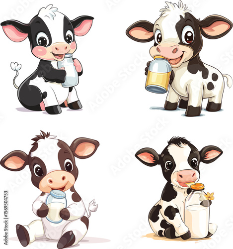 cute baby cow eating bottle milk vector style on white background 