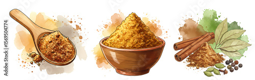 Three spice arrangements featuring a spoon, bowl, cinnamon sticks, and various leaves and peppercorns on transparent background