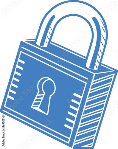 Blue padlock with keyhole and striped details white security