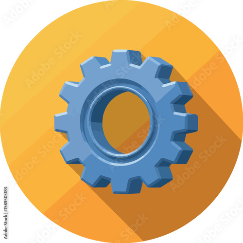 Blue gear on orange circular background with shadow mechanical
