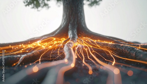 Abstract digital representation of a tree's root system radiating glowing energy or data streams. This image conveys concepts of network connection, sustainable power, growth, and the synergy between