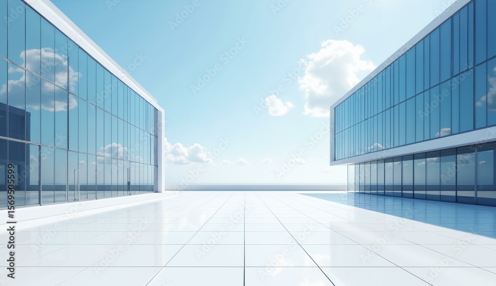 Obraz premium Modern Glass Buildings with Reflective Surfaces and Clear Sky