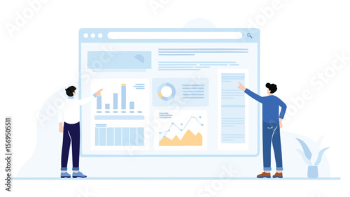 Two people analyzing data on a dashboard with charts and graphs displayed on a large computer screen