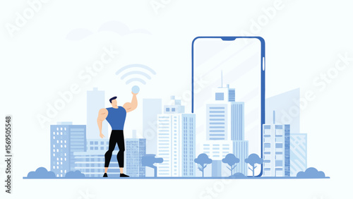 Illustration of a muscular man holding a wifi signal in front of a city with a large phone in the background