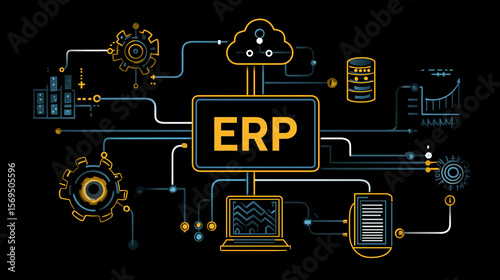 ERP software business operation. Database performance. Integration strategy. Diagram of ERP connection to central data system