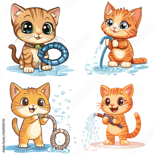 cute cat with water hose vector style on white background