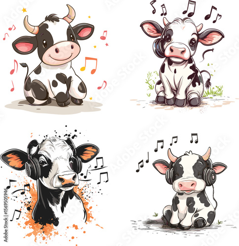 cute cow listen music designe vector style on white background
