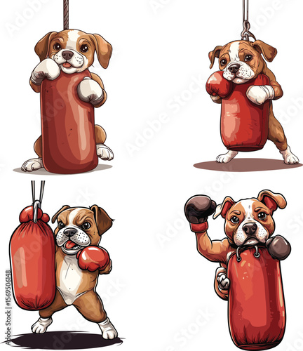 cute dog boxer wearing boxing gloves hitting the punching bag vector style on white background