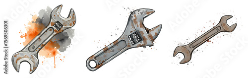 Three wrenches displayed with varying levels of wear and stylized paint splatters on a neutral plane on transparent background