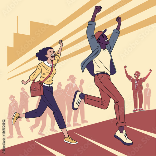 a group of people running on a track, retro-style illustration, dynamic, vivid colors, geometric shapes, stylized, dynamic motion, athletic, sports, vintage aesthetic, digital art
