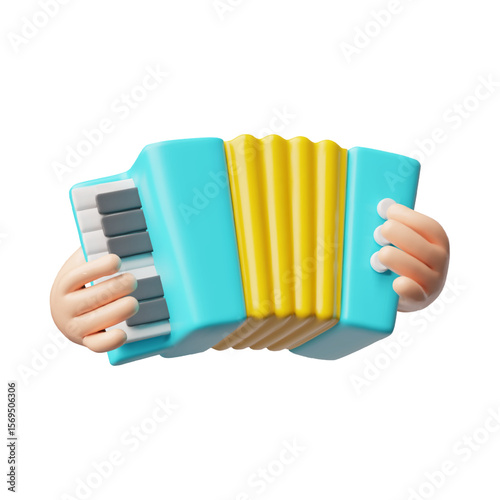 Harmonic in hand 3D cartoon plastic style vector illustration, accordion wind instrument for melodies performances