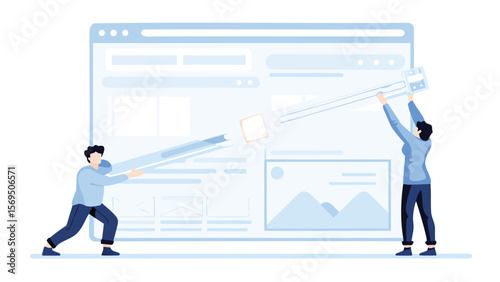 Two people moving a box in front of a website interface with various elements and content displayed