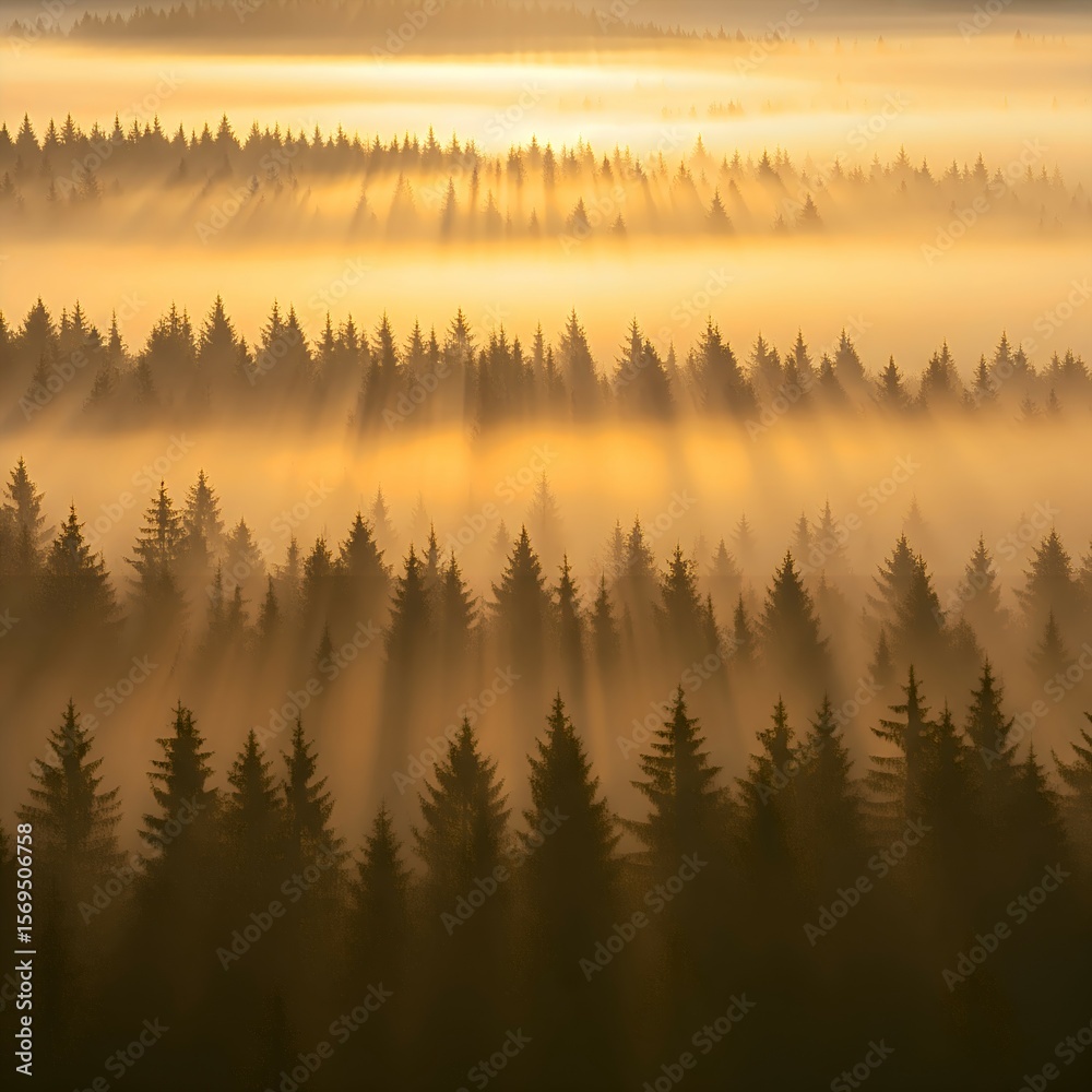 Obraz premium Misty Pine Forest Sunrisebreathtaking golden sunrise pierces through a thick layer of ethereal fog, casting a warm glow over a dense pine forest. This stunning landscape, captured with a 24mm lens at 