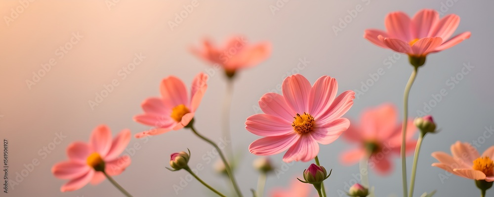 Fototapeta premium soft peach cosmos flowers swaying in morning breeze, pastel backdrop