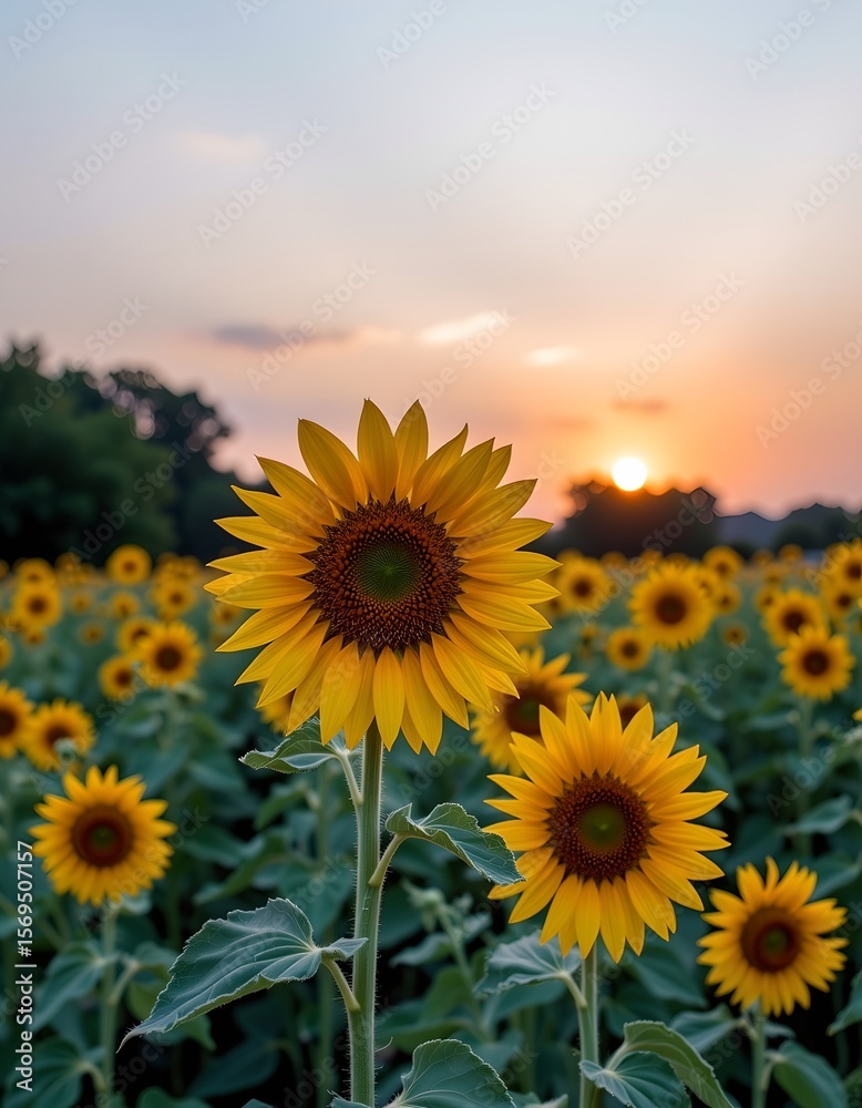 Fototapeta premium pastel sunflower field under calm dawn sky, early golden hour