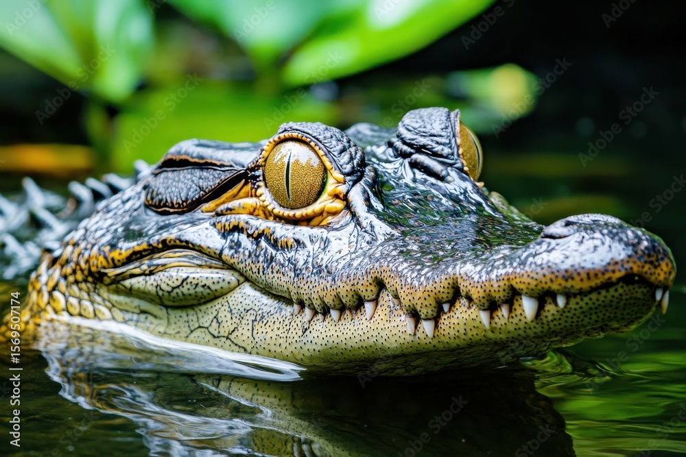 Fototapeta premium Close-up of a Crocodile Head Displaying Texture and Color in Natural Habitat with Greenery and Calm Water Background