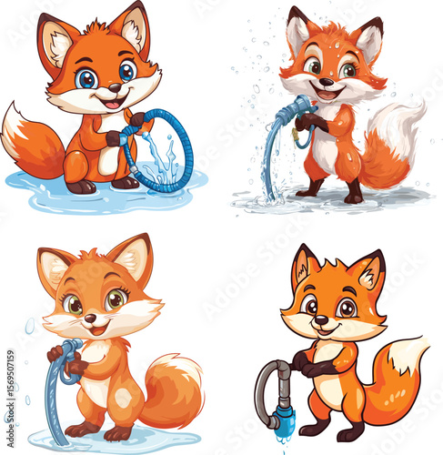 cute fox with water hose vector style on white background