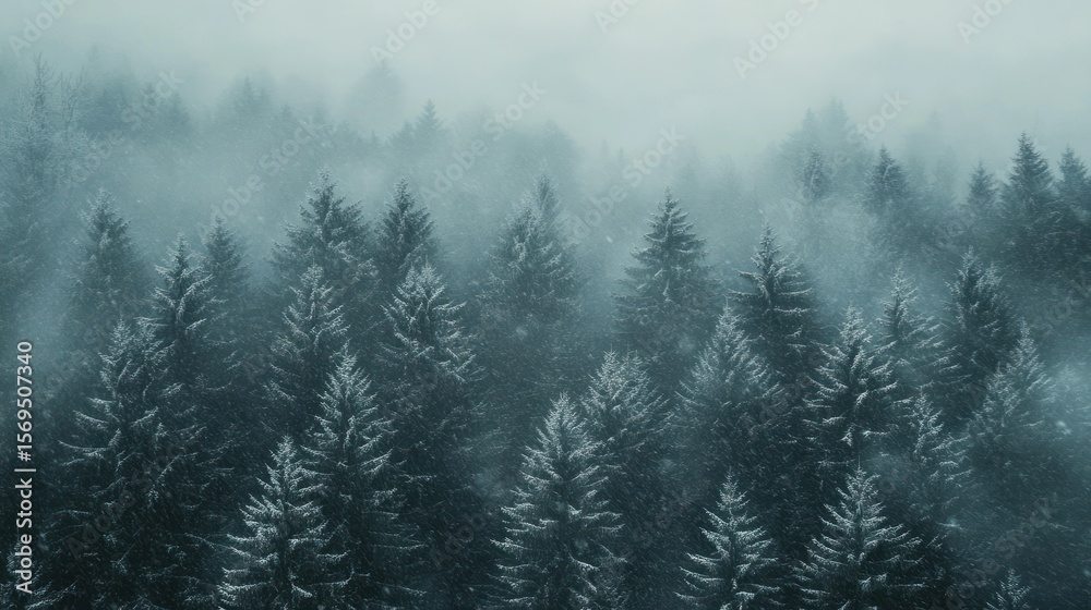 Obraz premium Misty Serenity: A Winter Forest Landscape Embraced by Soft Snowfall's Gentle Touch