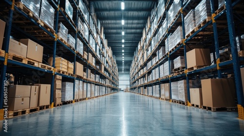 A spacious, well-lit warehouse with rows of high shelves filled with cardboard boxes and pallets.