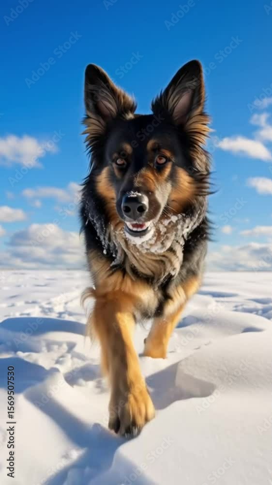 Un chien de race berger allemand à poils longs noir et or courant dans la neige, vue de face, ciel bleu avec nuages.