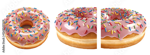 Three donuts with pink frosting and colorful sprinkles arranged side by side on a plain setting on transparent background