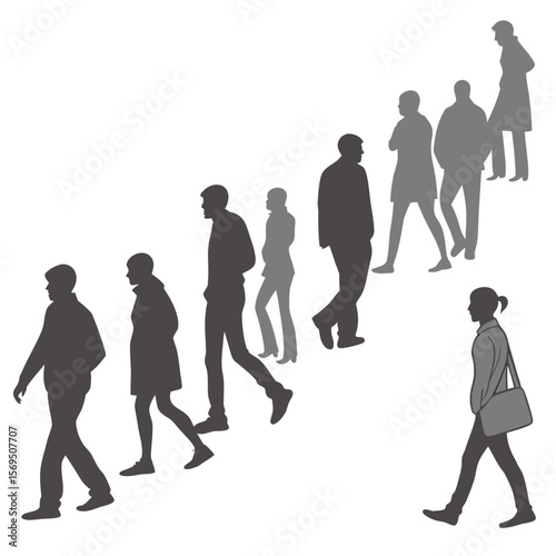 a large group of people walking silhouettes, diverse figures, various body shapes and sizes, full length, monochrome, photorealistic
