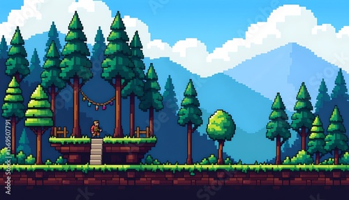 a pixel art style video game scene featuring an outdoor setting with a wooden bench under a canopy of green trees. a mountain range forms the backdrop, and there are clouds in the sky