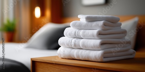 A stack of white towels on a wooden table. The towels are neatly folded and stacked on top of each other. Concept of cleanliness and organization, suggesting that the room is well-maintained and tidy