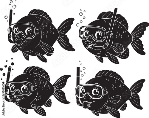 Cartoon Fish With Diving Equipment silhouette