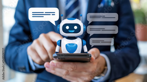 A businessman uses a smartphone with chatbot technology in a contemporary office, highlighting artificial intelligence solutions and advanced mobile communication features for work and business.