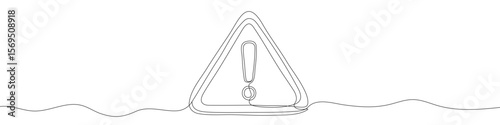 Exclamation mark in triangle in one line art style. Exclamation mark drawing with editable black stroke on white background. Vector illustration.