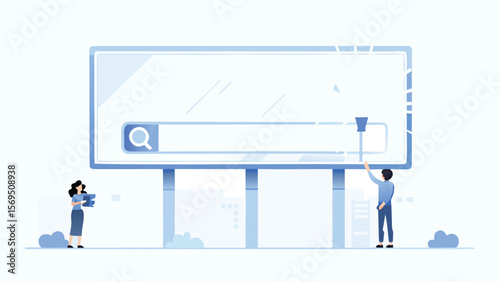 People interacting with a large search bar interface on a billboard style display screen setup