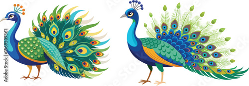 Two vibrantly colored peacocks showcasing intricate feather patterns in a stylized design