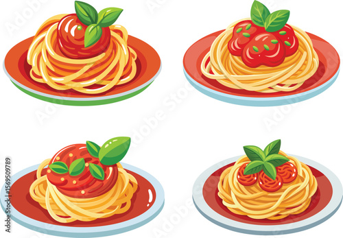 Four variations of spaghetti with tomato sauce and basil art illustration
