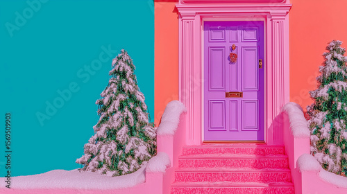 Pastel purple pink door snowy steps turquoise wall property rental winter holiday real estate modern  christmas business marketing social media travel agency creative promotion unique mockup