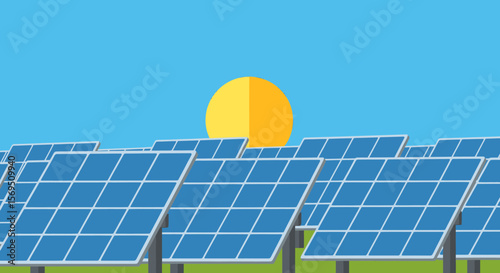 Array of Blue Solar Panels Under a Bright Yellow Sun Illustration