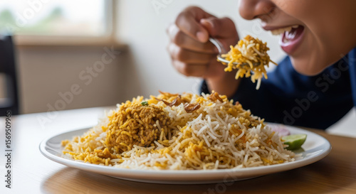 Close up shot of a person eating delicious Indian chicken biryani from a white plate a popular traditional meal for lunch or dinner in Asian cuisine