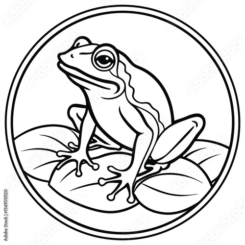 Stylized black and white outline of a frog sitting on lily pads within a circle silhouette