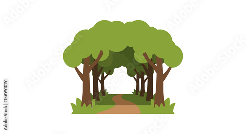 Cartoon Forest Path with Green Trees and Brown Trail Illustration