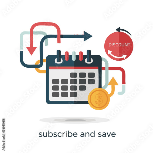 Calendar with Coin and Rotating Discount Badge, Flat Subscription Icon