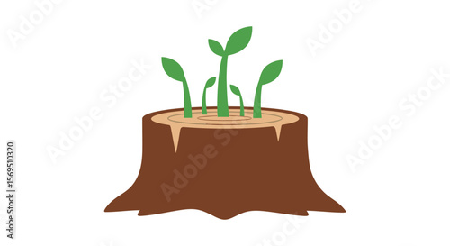 Cartoon Tree Stump with New Green Sprouts Emerging, Symbolizing Renewal