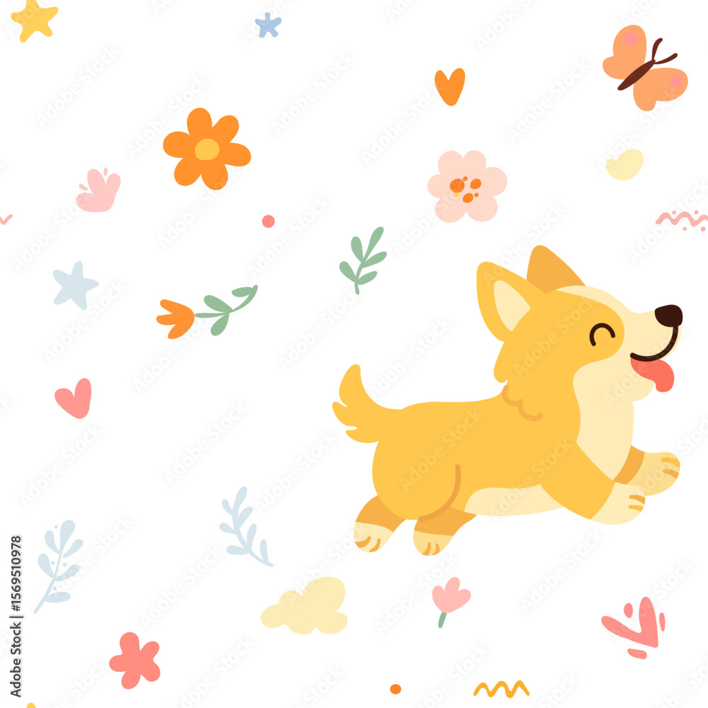 Fototapeta premium Seamless pattern with funny cartoon corgis dogs. Great for fabric, textile