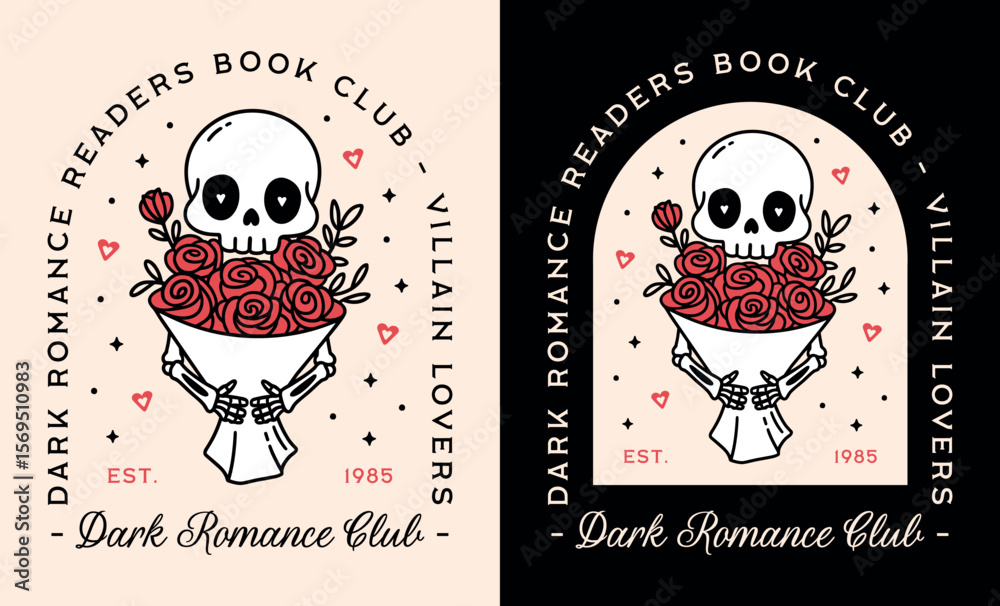 Fototapeta premium Dark romance book club villain lovers reader skeleton holding a red rose bouquet romantasy illustration. Romantic gothic aesthetic printable poster logo girl reading squad group badge shirt design.