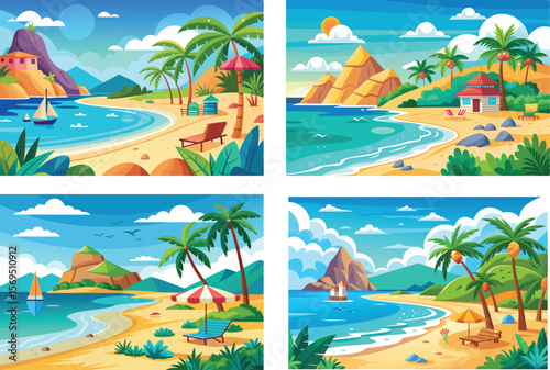 A Collection of Colorful Cartoon Tropical Beach Vacation Getaway Scenery